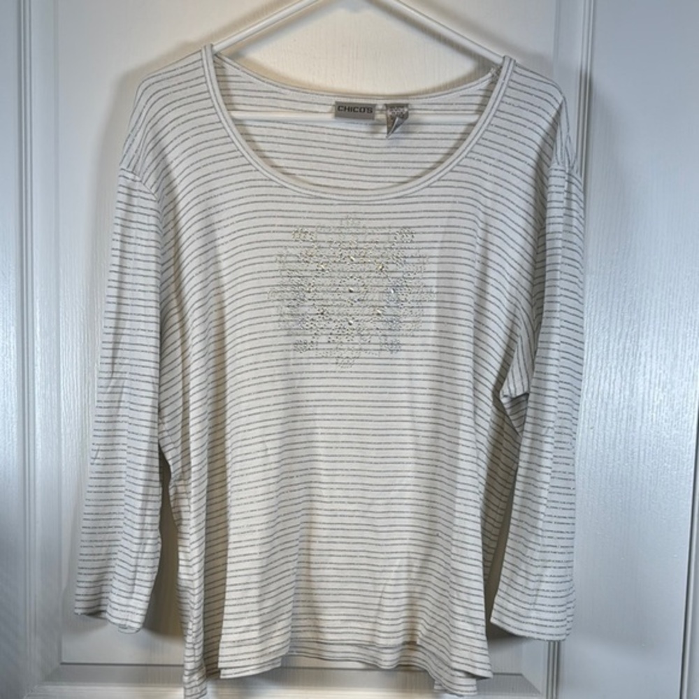 Chico's White Long SLeeve Shirt White Silver Stripes Size 3/XL/16 EUC #5579
